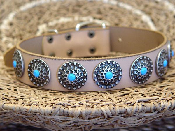 Tan Leather Dog Collar with Silver Plated Circles Blue Stones for Labrador dog