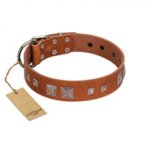 "Egyptian Gifts" Handmade FDT Artisan Tan Leather Labrador Collar with Chrome-plated Pyramids