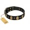 "Gilded Stones" FDT Artisan Black Leather Labrador Collar with Old Bronze-like Ovals and Studs - 1 1/2 inch (40 mm) wide