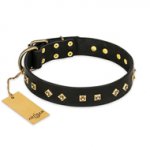 "Rhomb Style" FDT Artisan Decorated Leather Labrador Collar with Old Bronze-Plated Studs 1 1/2 inch (40 mm) Wide