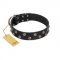 "Power-Flower" FDT Artisan Black Leather Labrador Collar with Two Rows of Silver-like Studs with Engraved Flowers