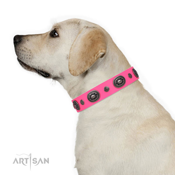 Natural leather dog collar with corrosion resistant buckle and D-ring for comfy wearing
