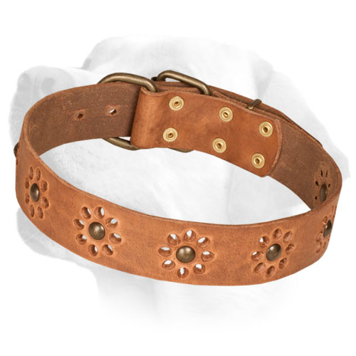 Leather Dog Collar with Flower Decor