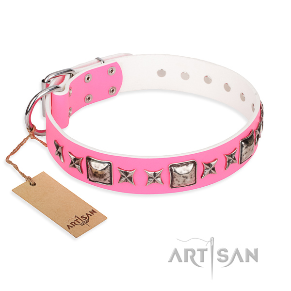Natural genuine leather dog collar made of gentle to touch material with reliable D-ring