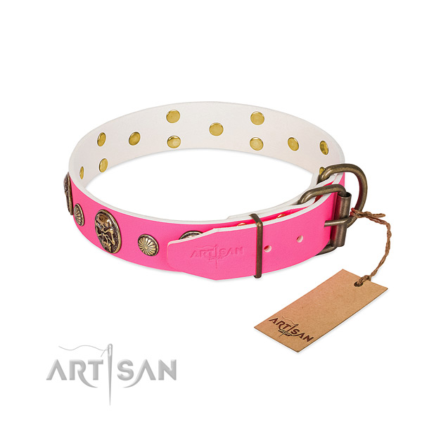 Strong fittings on natural genuine leather dog collar for your pet