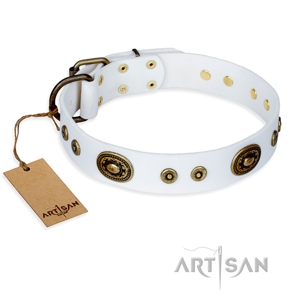 Genuine leather dog collar made of gentle to touch material with corrosion proof buckle