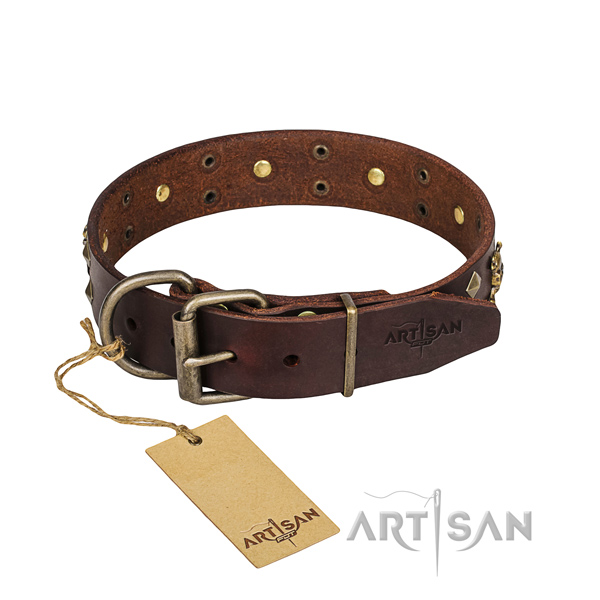 Basic training dog collar of top quality natural leather with decorations