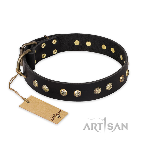 Decorated full grain natural leather dog collar with reliable traditional buckle