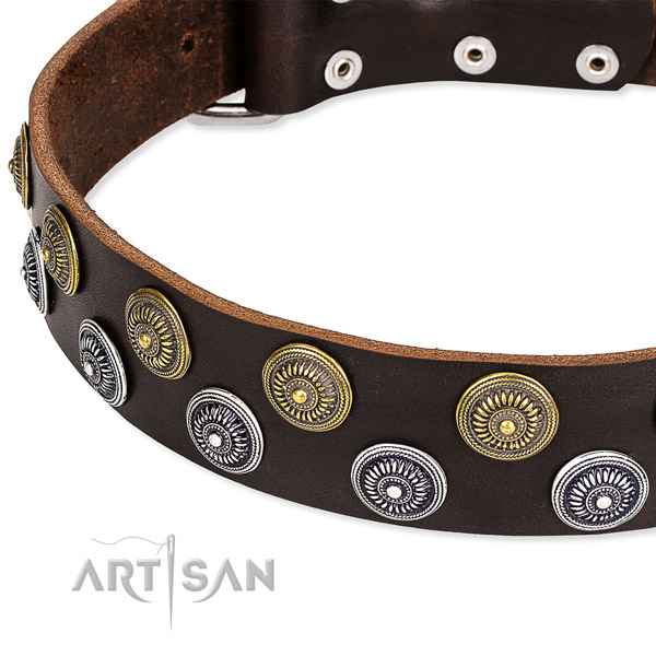 Comfortable wearing adorned dog collar of high quality natural leather