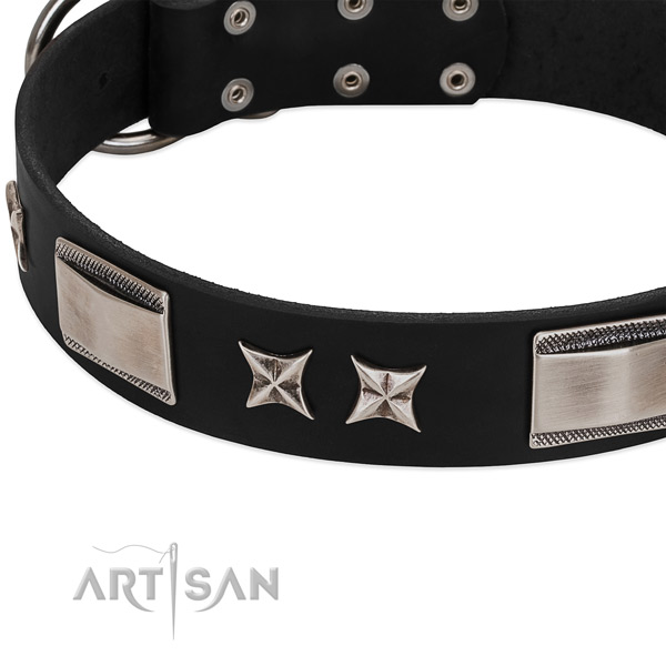 Soft to touch full grain genuine leather dog collar with rust resistant hardware