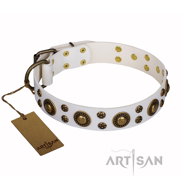 Comfy wearing dog collar of best quality full grain leather with decorations