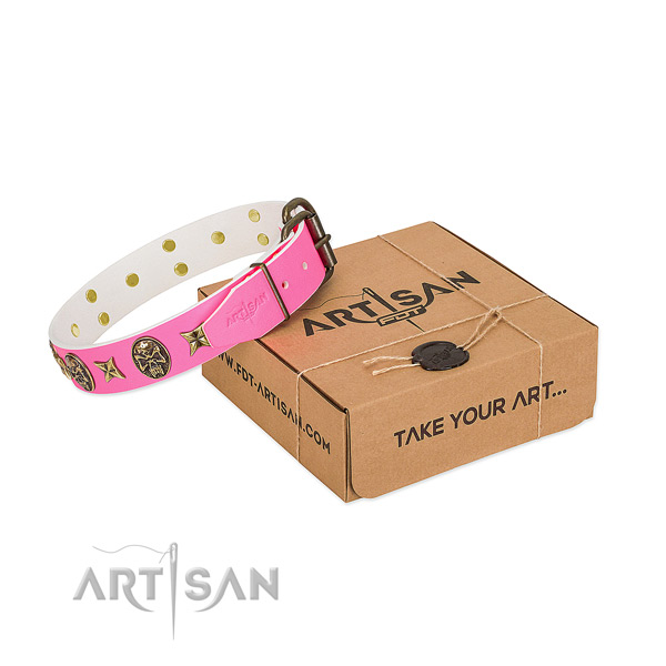 Rust resistant D-ring on natural genuine leather dog collar for comfortable wearing