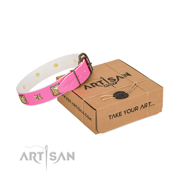 Corrosion resistant fittings on full grain natural leather dog collar for basic training