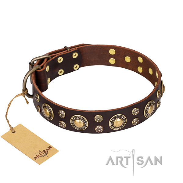 Easy wearing dog collar of strong full grain genuine leather with studs