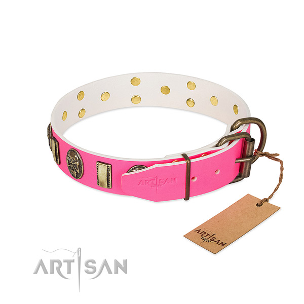 Reliable traditional buckle on natural genuine leather dog collar for your doggie