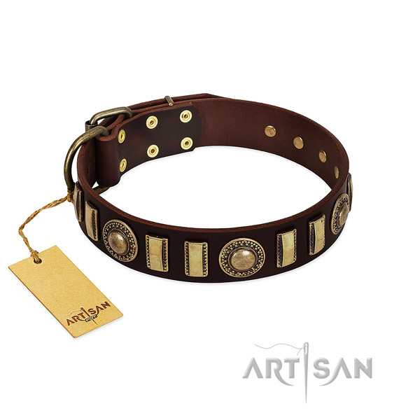 Durable genuine leather dog collar with corrosion resistant hardware