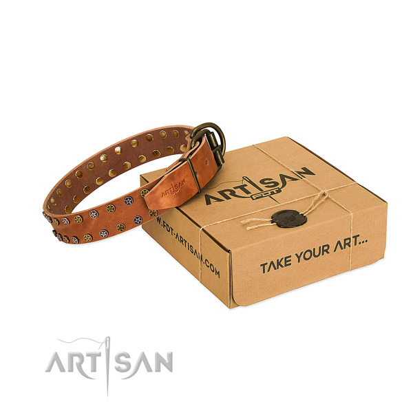 Comfy wearing reliable leather dog collar with embellishments