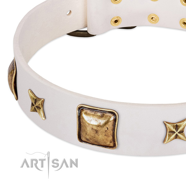 Reliable D-ring on natural genuine leather dog collar for your pet
