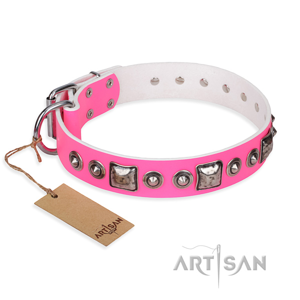Full grain leather dog collar made of quality material with corrosion resistant traditional buckle