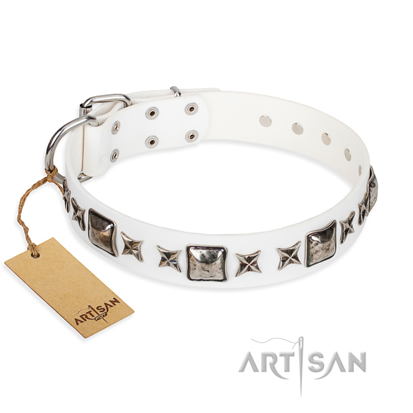 Natural genuine leather dog collar made of gentle to touch material with rust-proof hardware