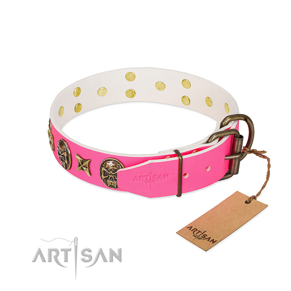 Strong buckle on full grain leather collar for walking your pet