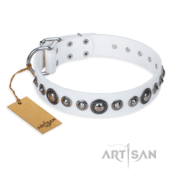Leather dog collar made of flexible material with corrosion proof fittings
