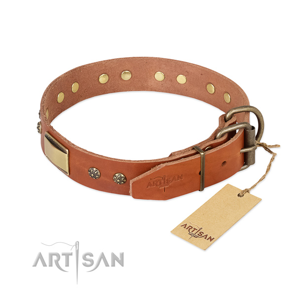 Full grain genuine leather dog collar with corrosion proof D-ring and adornments