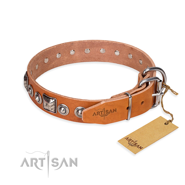 Full grain leather dog collar made of quality material with corrosion proof decorations