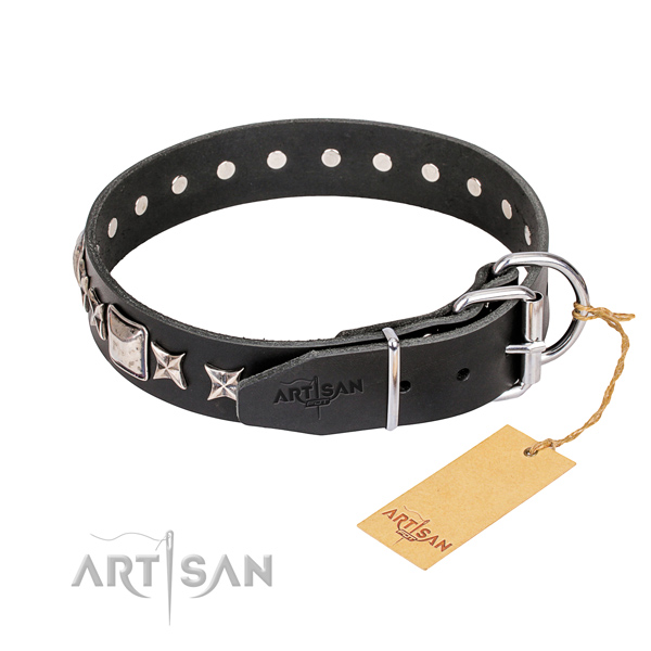 Strong studded dog collar of natural leather