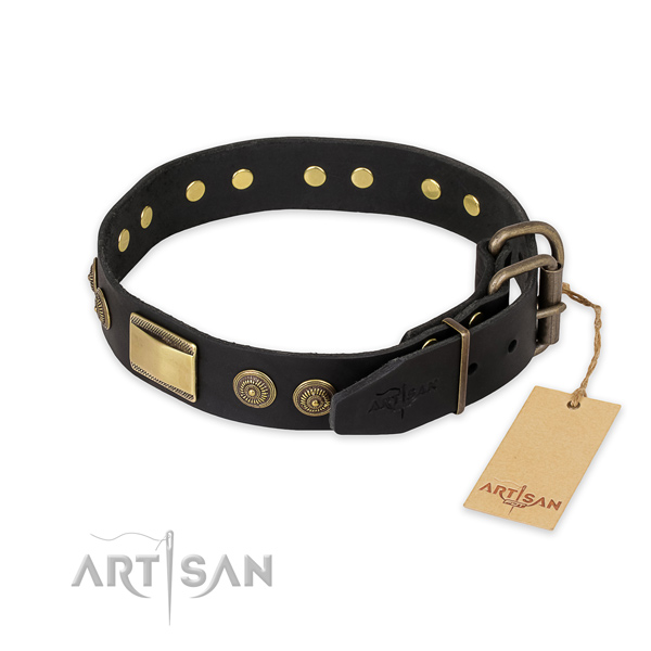 Rust-proof hardware on natural genuine leather collar for everyday walking your canine