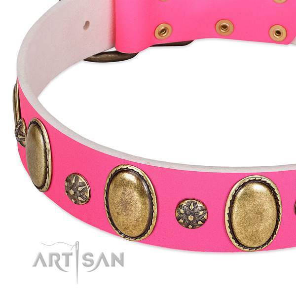 Strong full grain natural leather dog collar with corrosion resistant buckle
