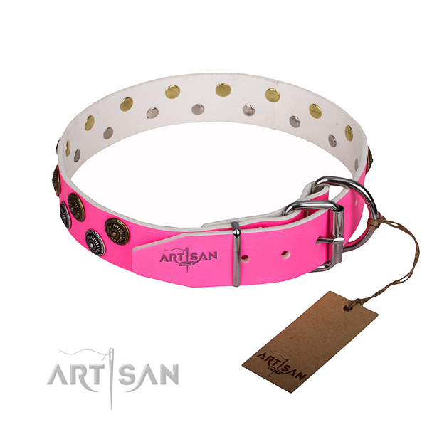 Comfortable wearing embellished dog collar of quality genuine leather