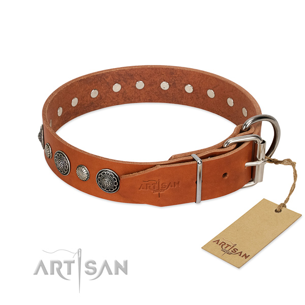 Reliable genuine leather dog collar with corrosion resistant buckle