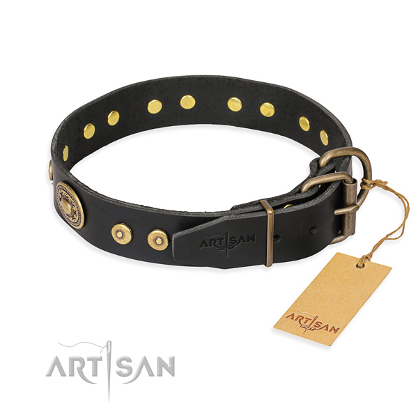 Leather dog collar made of gentle to touch material with strong decorations