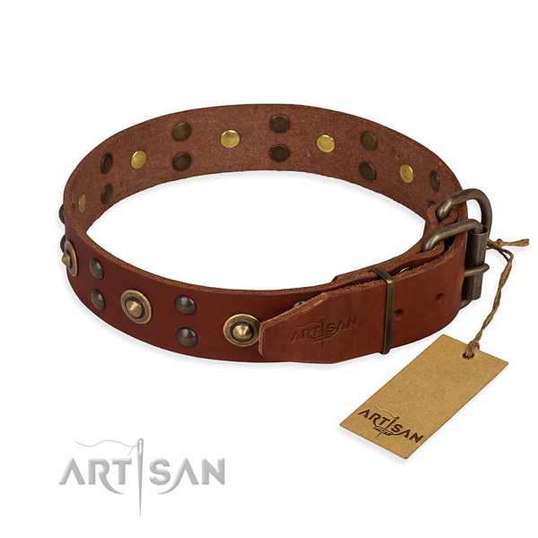 Rust resistant D-ring on full grain natural leather collar for your handsome canine