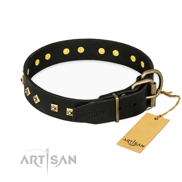 Corrosion resistant hardware on full grain leather collar for fancy walking your pet