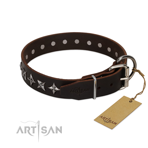 Basic training decorated dog collar of reliable leather