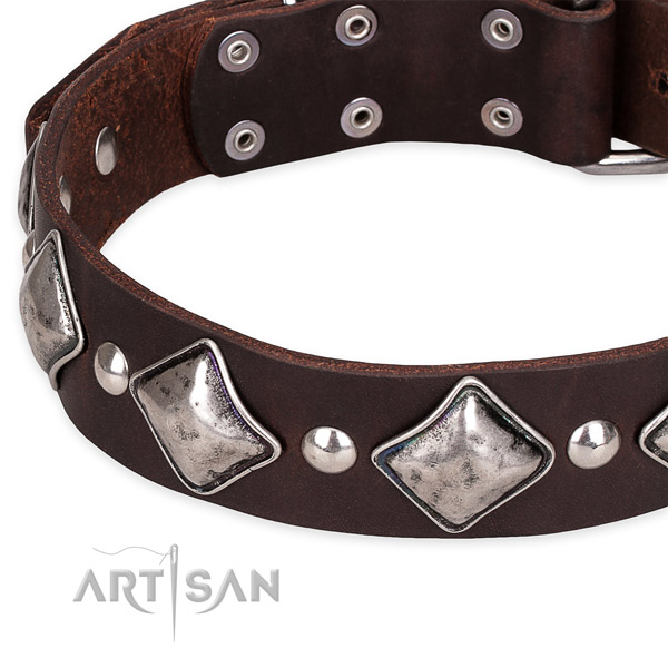 Easy wearing adorned dog collar of finest quality leather