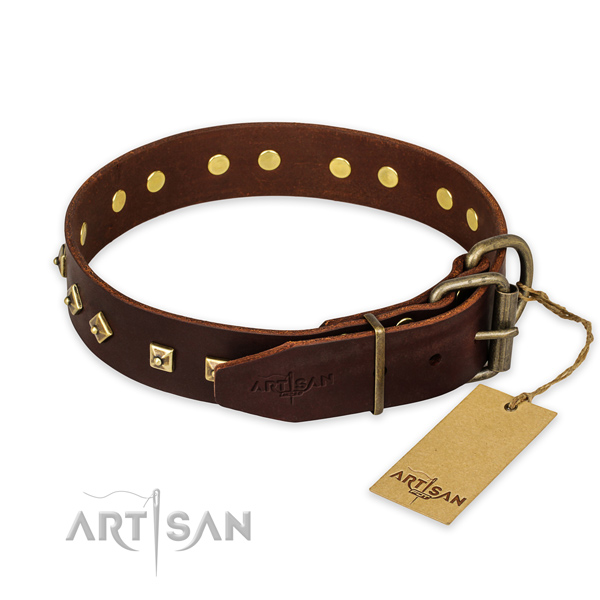 Rust-proof buckle on full grain natural leather collar for daily walking your dog