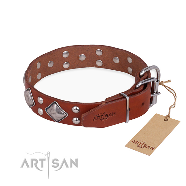 Natural leather dog collar with designer strong studs