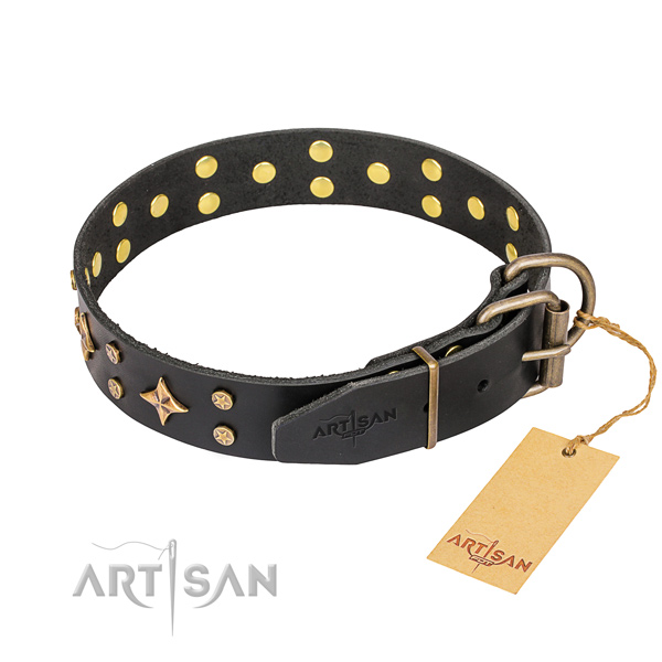 Comfy wearing embellished dog collar of durable genuine leather