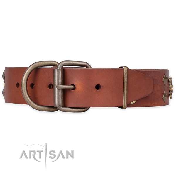 Easy wearing embellished dog collar of strong natural leather