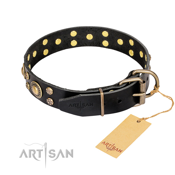 Handy use decorated dog collar of reliable genuine leather