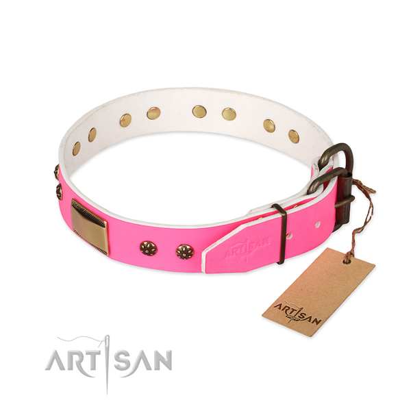 Natural genuine leather dog collar with rust-proof D-ring and decorations