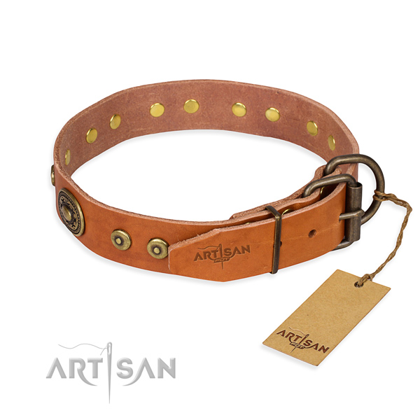 Full grain natural leather dog collar made of soft material with reliable studs
