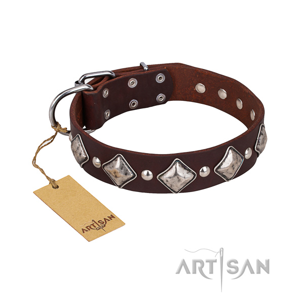 Everyday use dog collar of durable full grain genuine leather with adornments