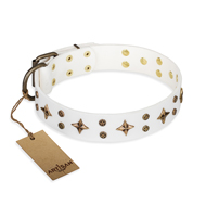 "Bright Stars" FDT Artisan White Leather Labrador Collar with Old Bronze Look Decorations "Bright Stars" FDT Artisan White Leather Labrador Collar with Old Bronze Look Decorations