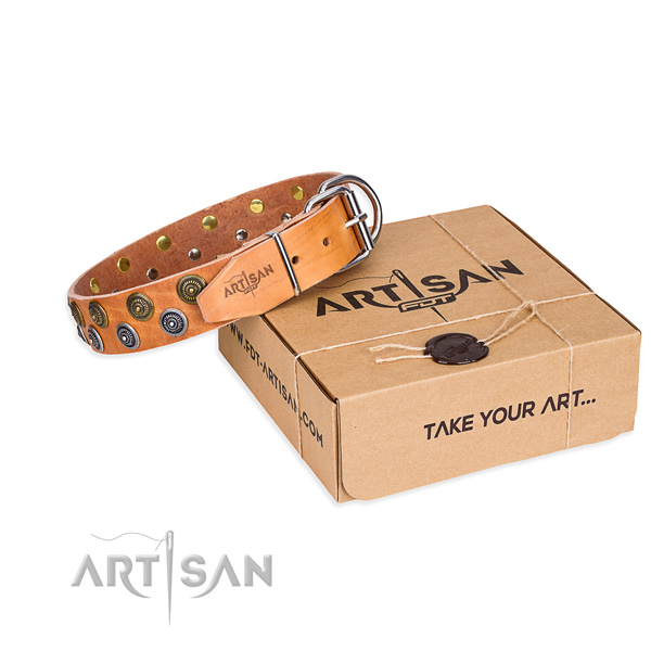 Easy wearing dog collar of reliable genuine leather with studs