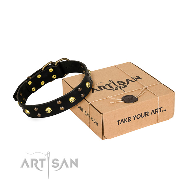 Comfy wearing dog collar of durable full grain genuine leather with embellishments