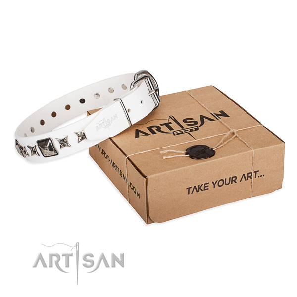 Comfortable wearing full grain genuine leather dog collar with adornments